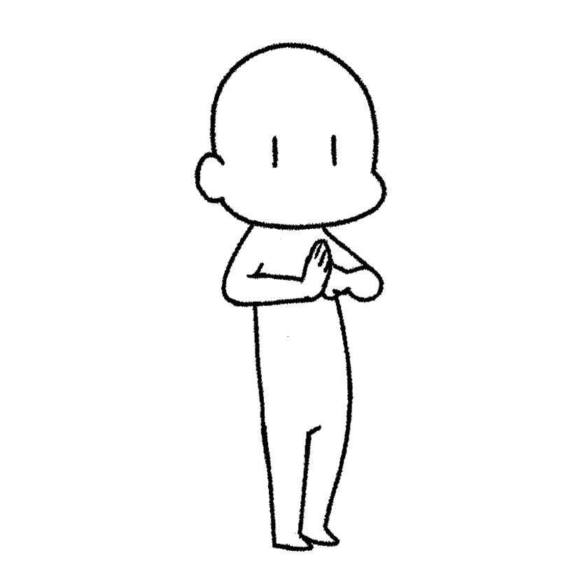 Mame giving a clasped-fist salute, angled view