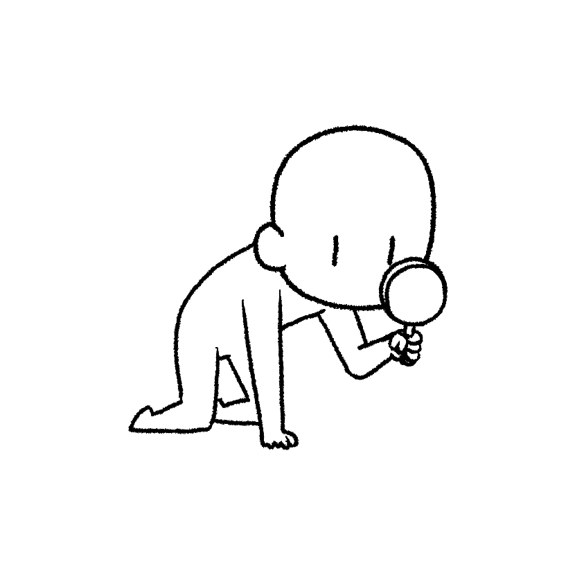 Mame using a magnifying glass on all fours