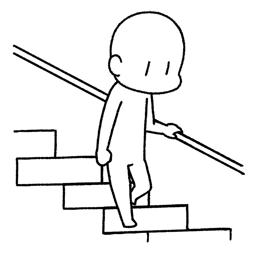 Mame descending stairs with a handrail