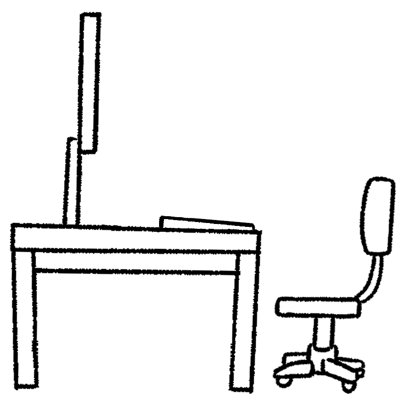 A desk with a computer and keyboard, side view