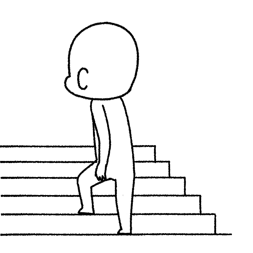 Mame climbing stairs, rear view