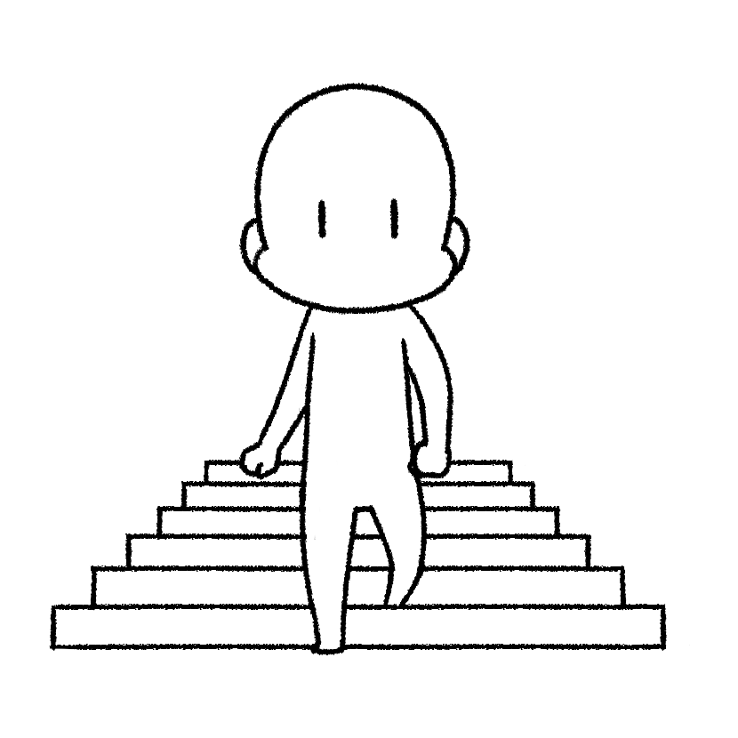 Mame descending stairs, front view