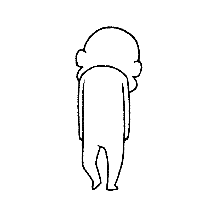 Mame walking with slumped shoulders, rear view