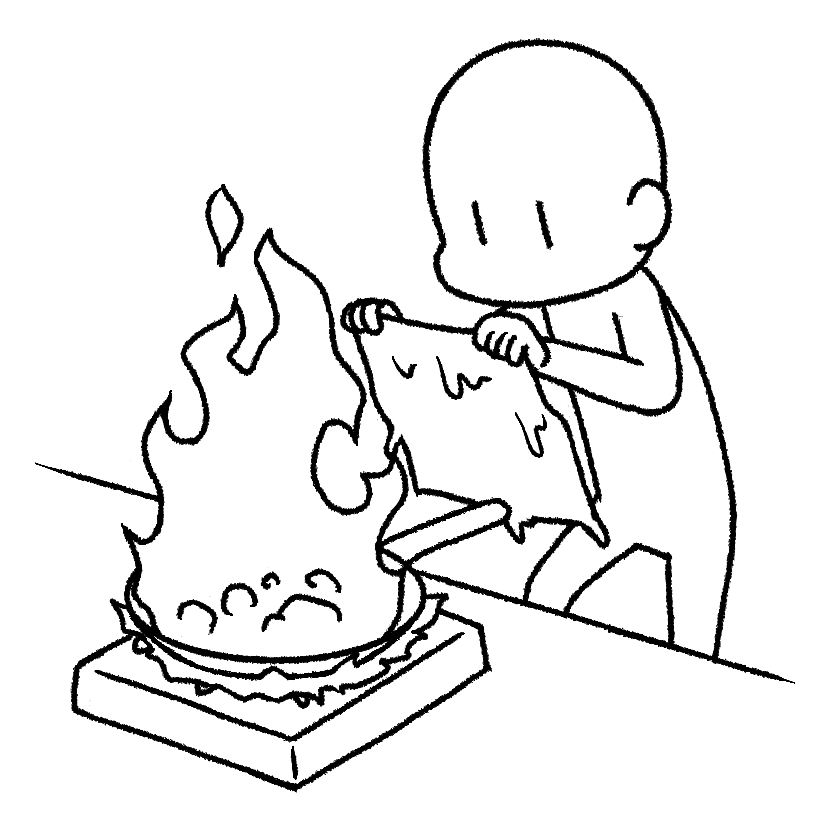 濡れタオルで鍋の火を消す