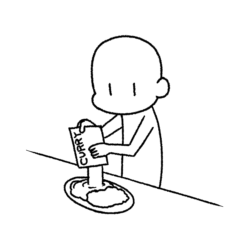 Mame pouring curry from a pouch onto a plate of rice